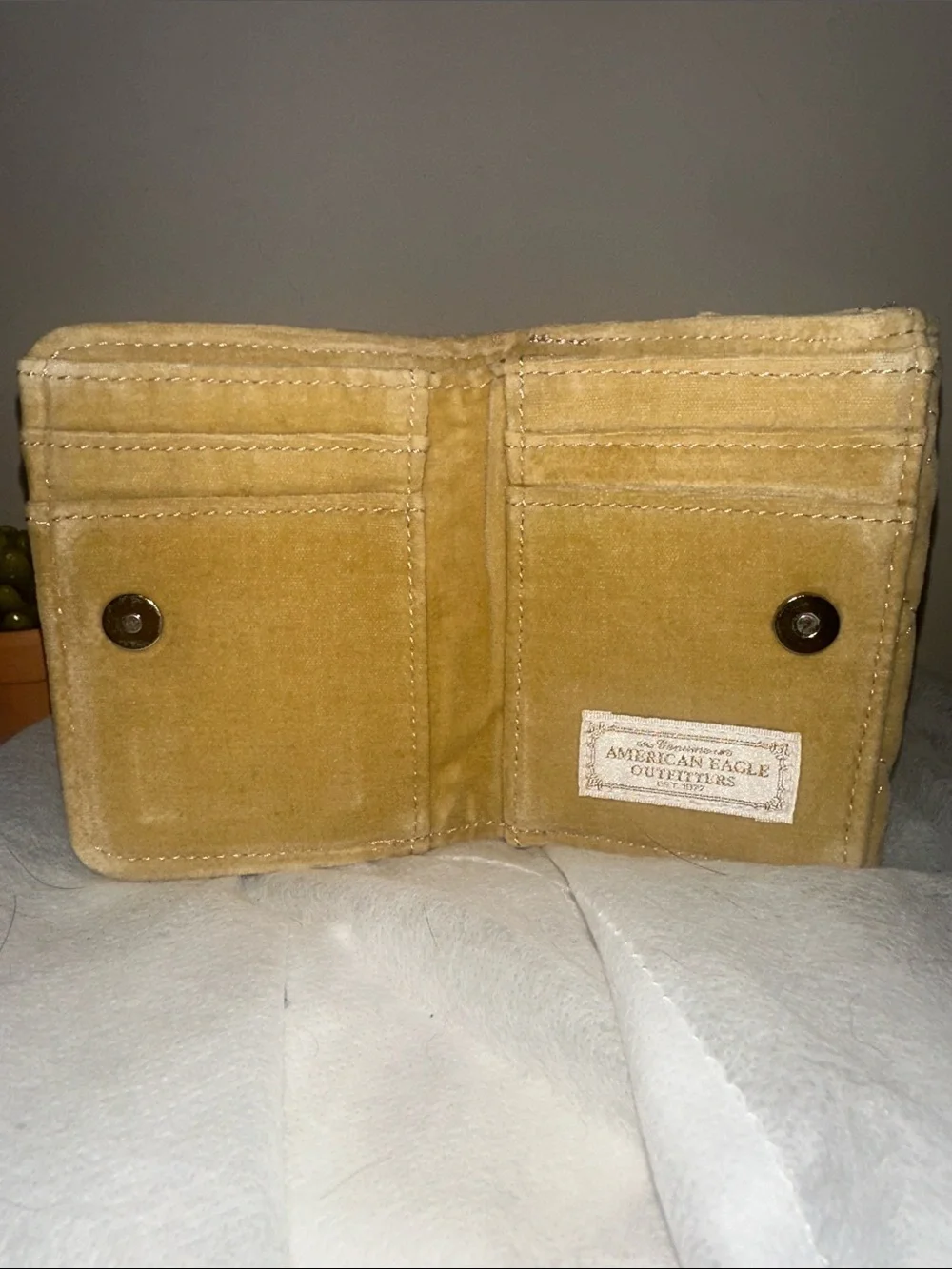 Vintage American Eagle Quilted Mustard Velvet Trifold Wallet Y2K